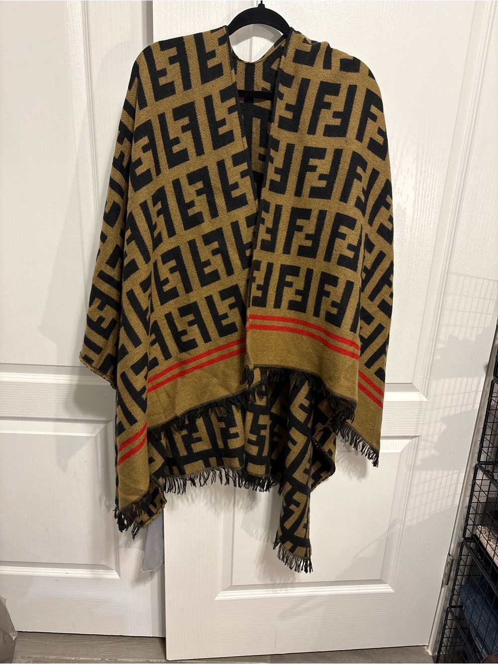 Tan and Black Wrap Cape with Red Stripe Detail